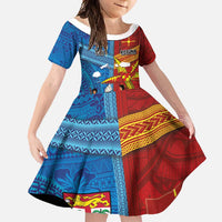 Personalised Fiji and Rotuma Together Family Matching Tank Maxi Dress and Hawaiian Shirt Tapa and Pacific Art Pattern with Cultural Emblems Half Style LT03 Daughter's Dress Red - Polynesian Pride