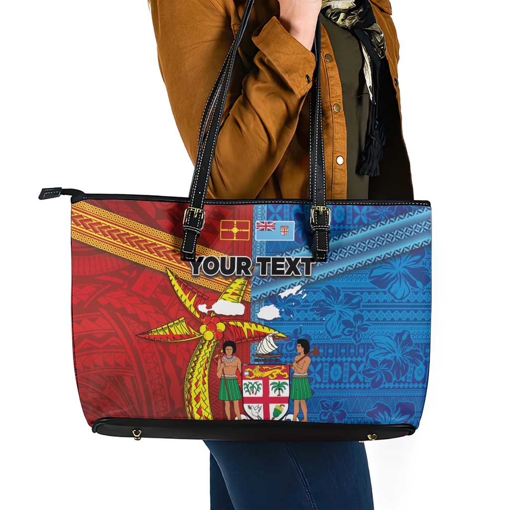 Personalised Fiji and Rotuma Together Leather Tote Bag Tapa and Pacific Art Pattern with Cultural Emblems Half Style