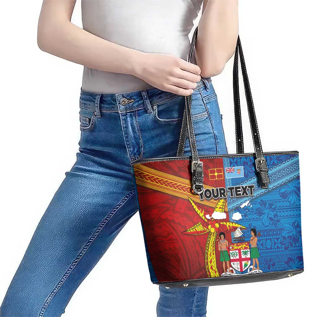 Personalised Fiji and Rotuma Together Leather Tote Bag Tapa and Pacific Art Pattern with Cultural Emblems Half Style