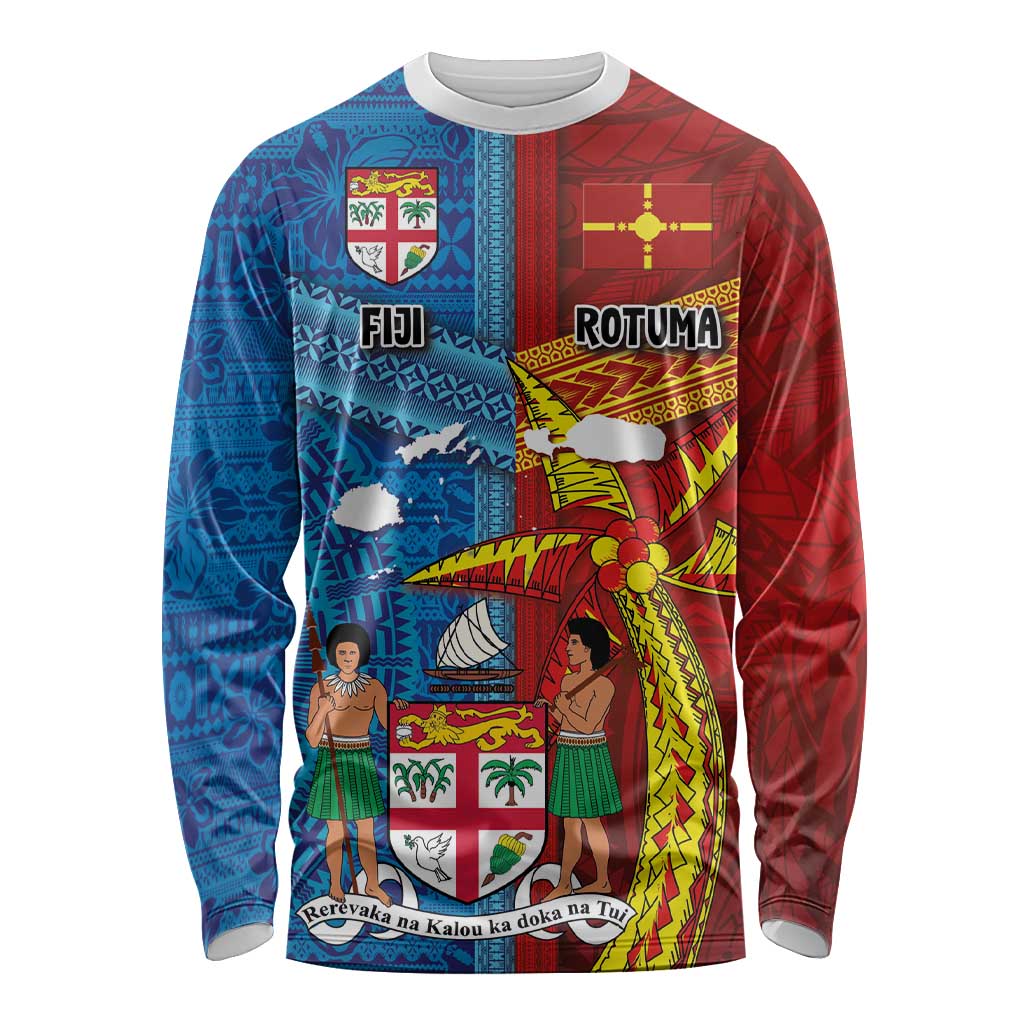 Personalised Fiji and Rotuma Together Long Sleeve Shirt Tapa and Pacific Art Pattern with Cultural Emblems Half Style