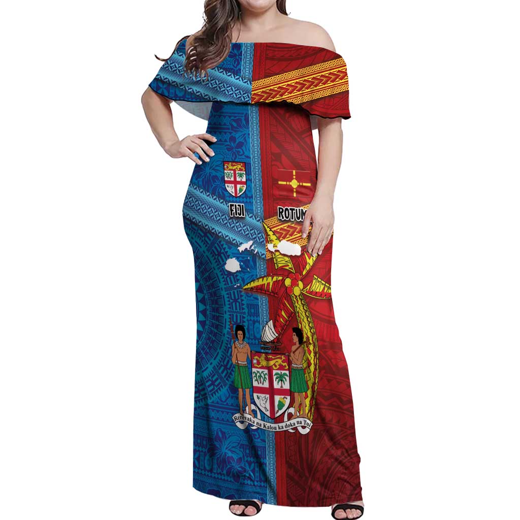 Personalised Fiji and Rotuma Together Off Shoulder Maxi Dress Tapa and Pacific Art Pattern with Cultural Emblems Half Style