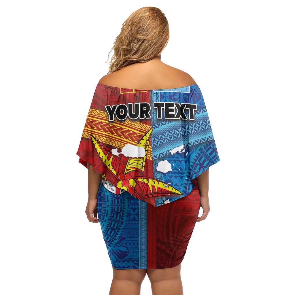 Personalised Fiji and Rotuma Together Off Shoulder Short Dress Tapa and Pacific Art Pattern with Cultural Emblems Half Style