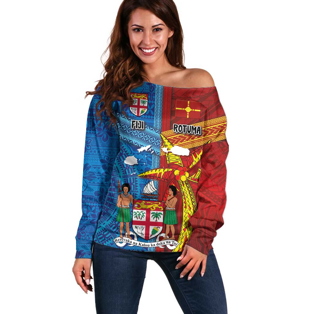 Personalised Fiji and Rotuma Together Off Shoulder Sweater Tapa and Pacific Art Pattern with Cultural Emblems Half Style