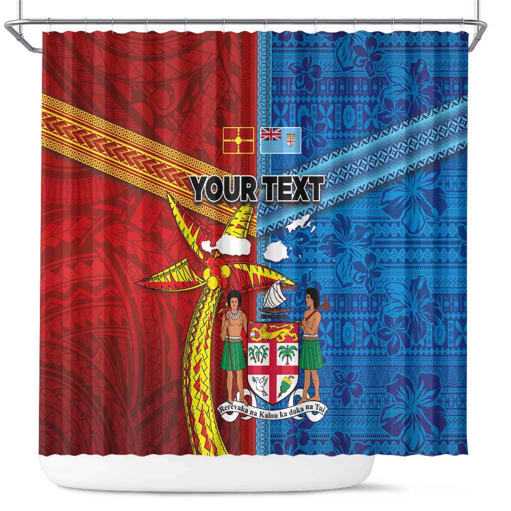 Personalised Fiji and Rotuma Together Shower Curtain Tapa and Pacific Art Pattern with Cultural Emblems Half Style LT03 Red - Polynesian Pride
