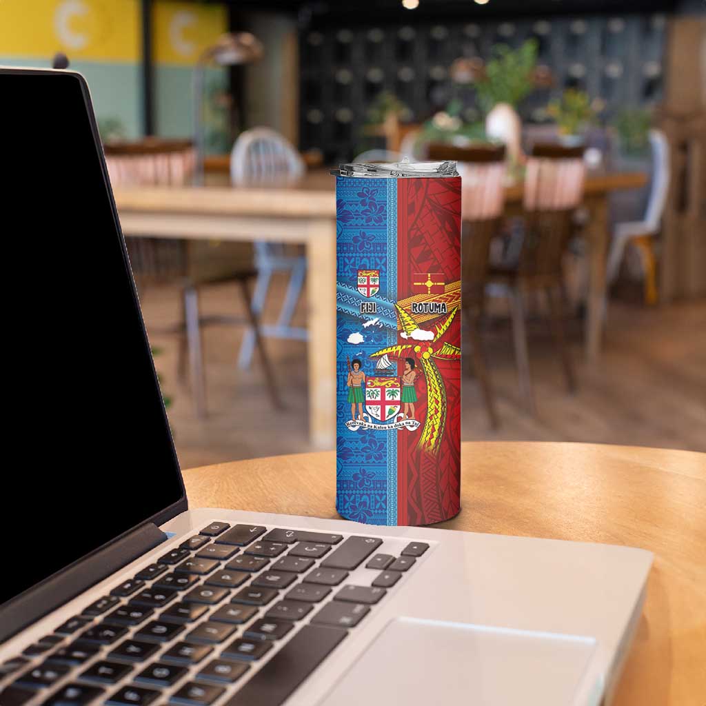 Personalised Fiji and Rotuma Together Skinny Tumbler Tapa and Pacific Art Pattern with Cultural Emblems Half Style