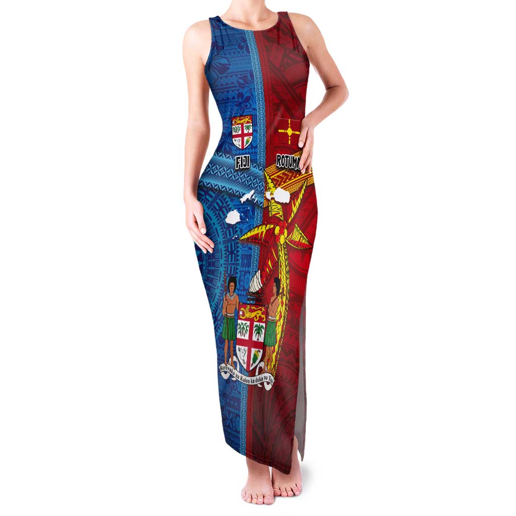Personalised Fiji and Rotuma Together Tank Maxi Dress Tapa and Pacific Art Pattern with Cultural Emblems Half Style