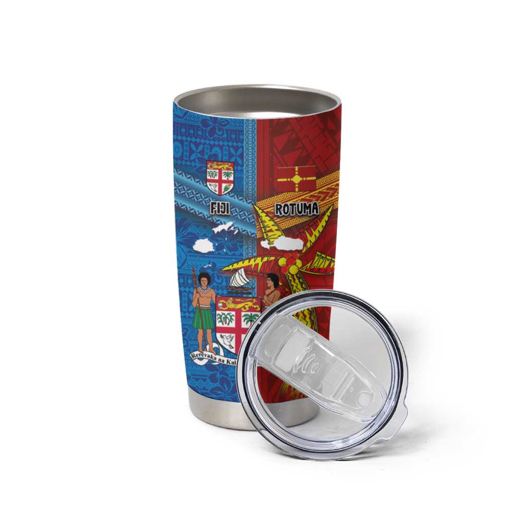 Personalised Fiji and Rotuma Together Tumbler Cup Tapa and Pacific Art Pattern with Cultural Emblems Half Style