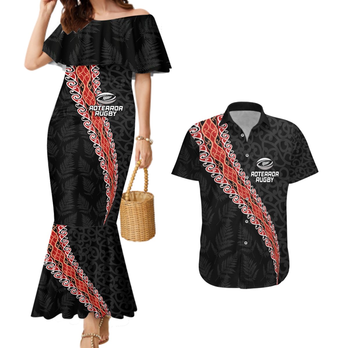 Custom New Zealand Rugby Couples Matching Mermaid Dress and Hawaiian Shirt Maori and Silver Fern Half Style LT03 Black - Polynesian Pride