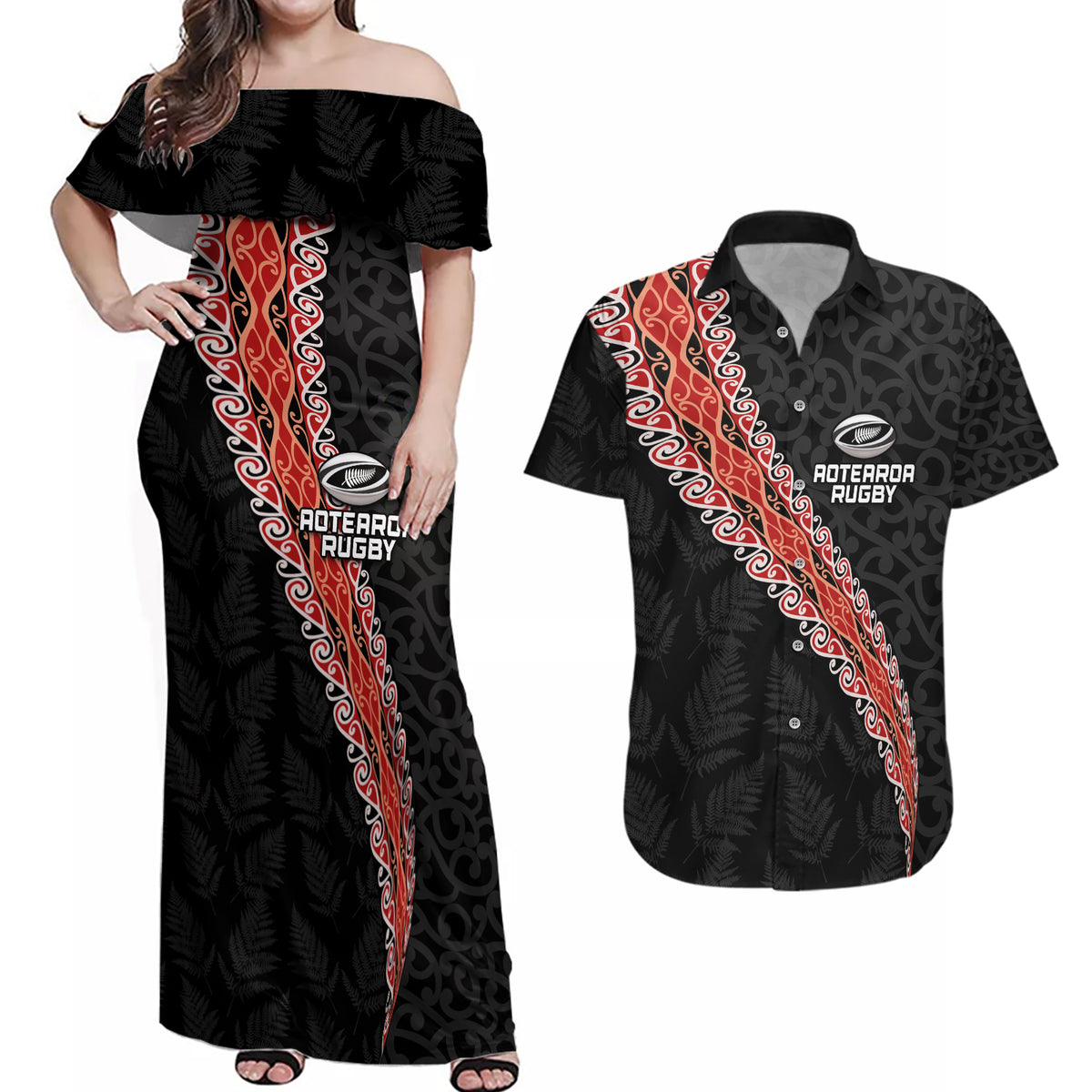 Custom New Zealand Rugby Couples Matching Off Shoulder Maxi Dress and Hawaiian Shirt Maori and Silver Fern Half Style LT03 Black - Polynesian Pride