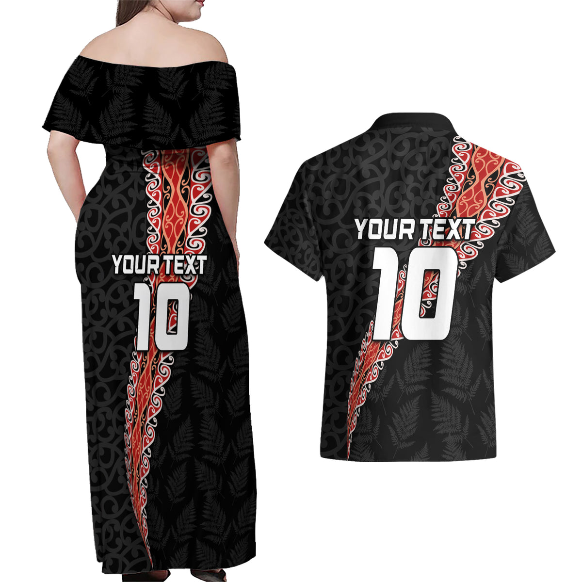 Custom New Zealand Rugby Couples Matching Off Shoulder Maxi Dress and Hawaiian Shirt Maori and Silver Fern Half Style LT03 - Polynesian Pride