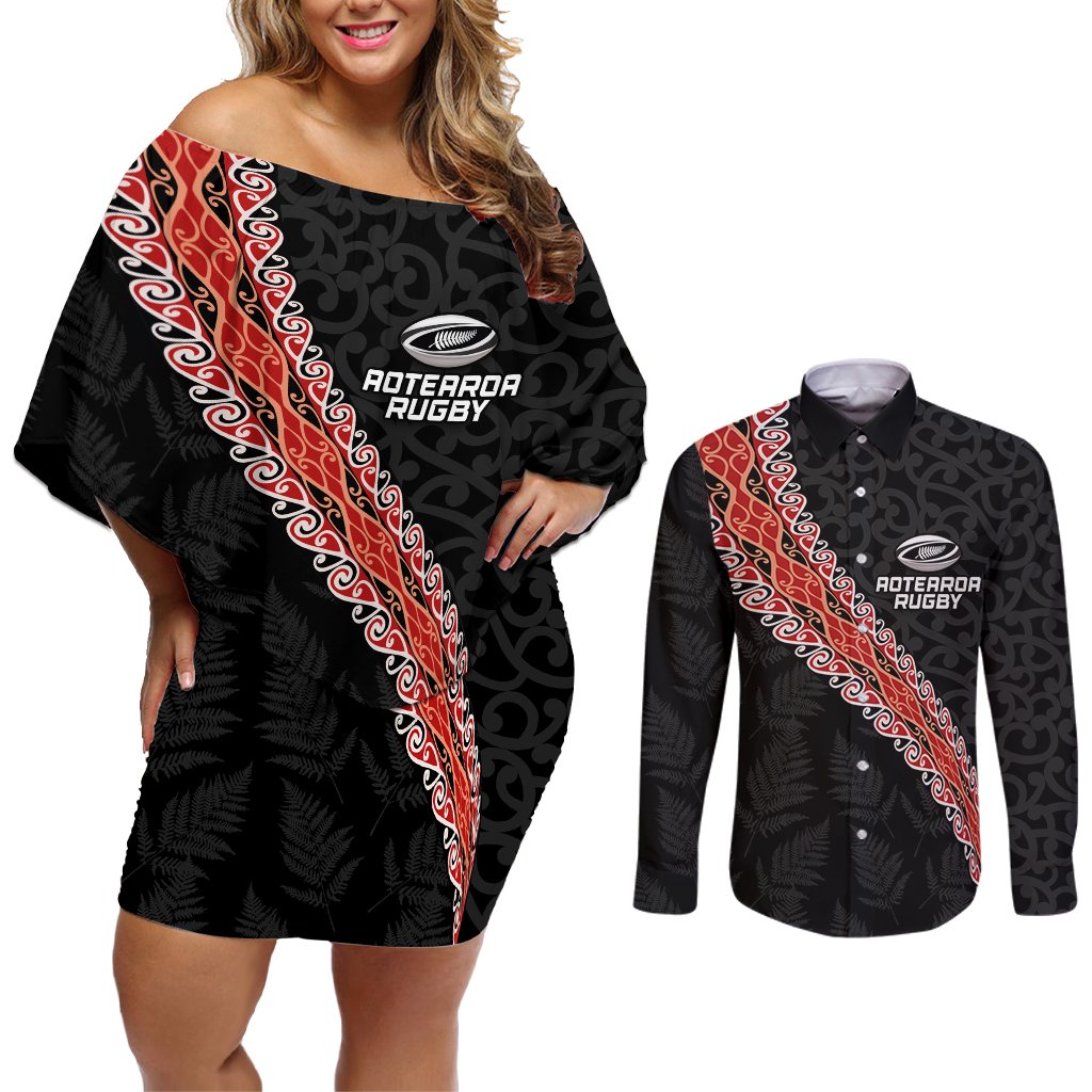 Custom New Zealand Rugby Couples Matching Off Shoulder Short Dress and Long Sleeve Button Shirt Maori and Silver Fern Half Style LT03 Black - Polynesian Pride
