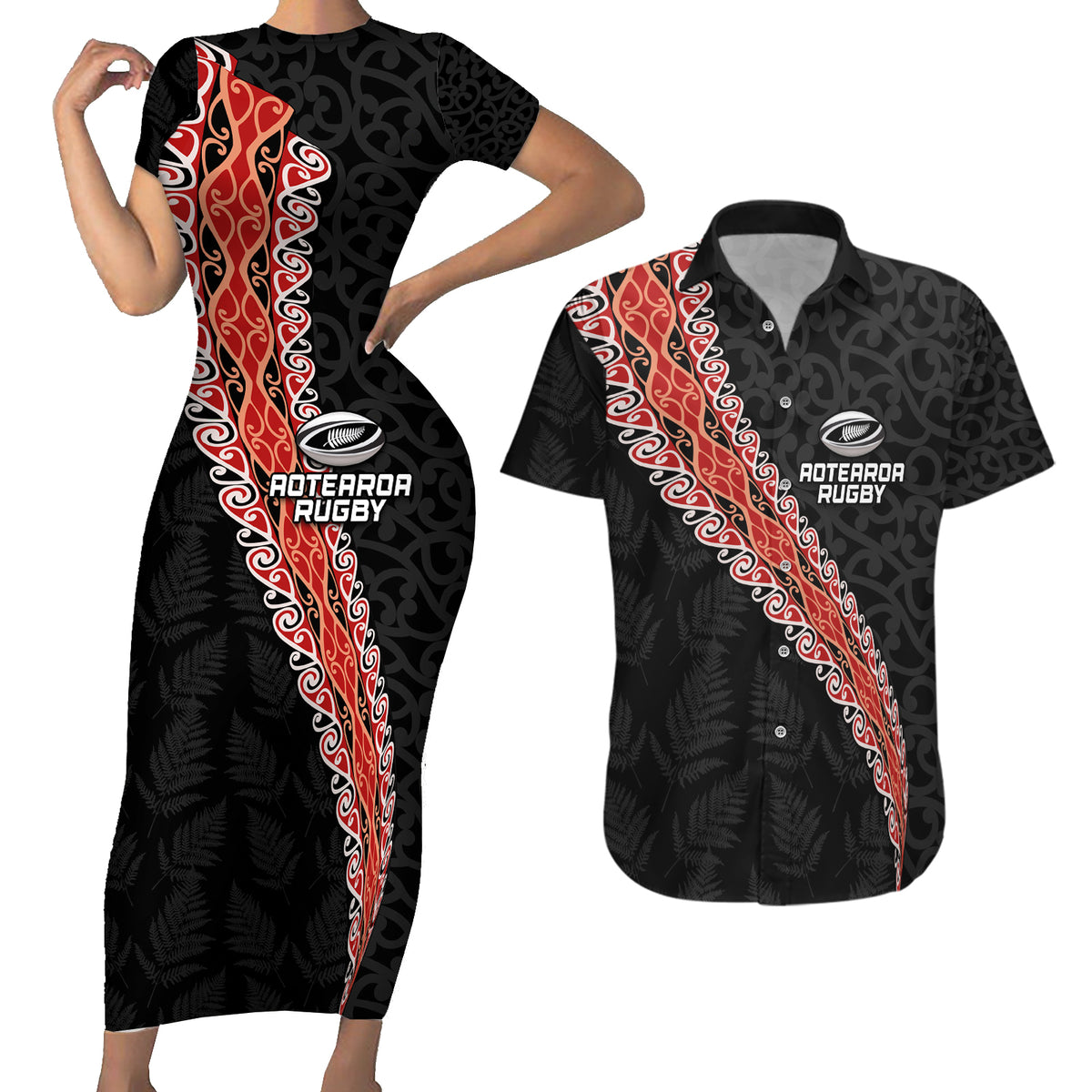 Custom New Zealand Rugby Couples Matching Short Sleeve Bodycon Dress and Hawaiian Shirt Maori and Silver Fern Half Style LT03 Black - Polynesian Pride