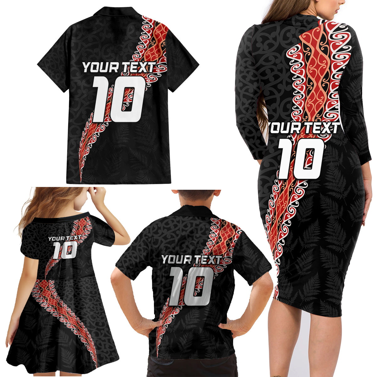 Custom New Zealand Rugby Family Matching Long Sleeve Bodycon Dress and Hawaiian Shirt Maori and Silver Fern Half Style LT03 - Polynesian Pride