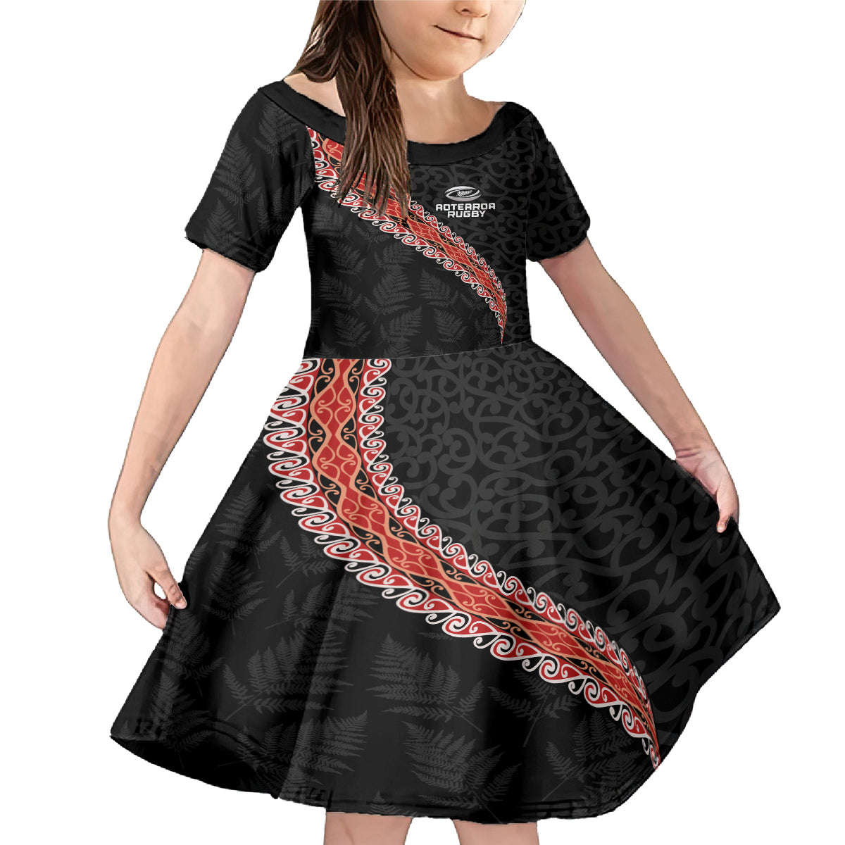 Custom New Zealand Rugby Family Matching Mermaid Dress and Hawaiian Shirt Maori and Silver Fern Half Style LT03 Daughter's Dress Black - Polynesian Pride