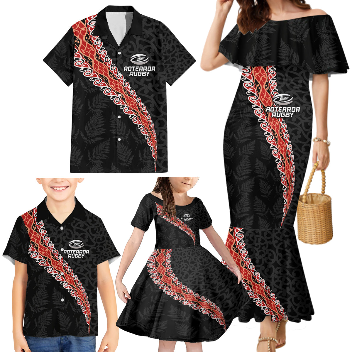 Custom New Zealand Rugby Family Matching Mermaid Dress and Hawaiian Shirt Maori and Silver Fern Half Style LT03 - Polynesian Pride