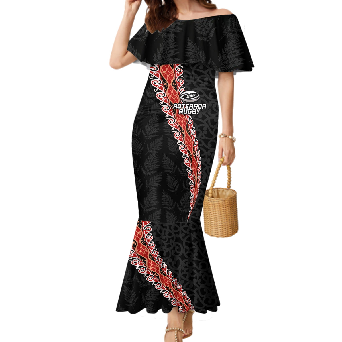 Custom New Zealand Rugby Family Matching Mermaid Dress and Hawaiian Shirt Maori and Silver Fern Half Style LT03 Mom's Dress Black - Polynesian Pride