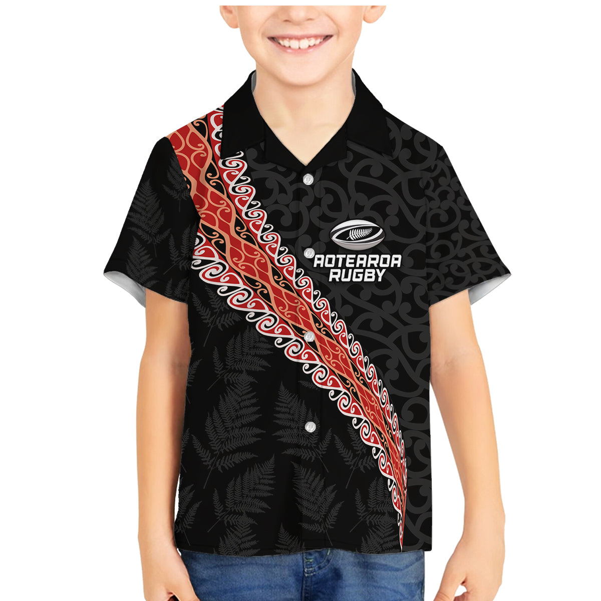 Custom New Zealand Rugby Family Matching Mermaid Dress and Hawaiian Shirt Maori and Silver Fern Half Style LT03 Son's Shirt Black - Polynesian Pride