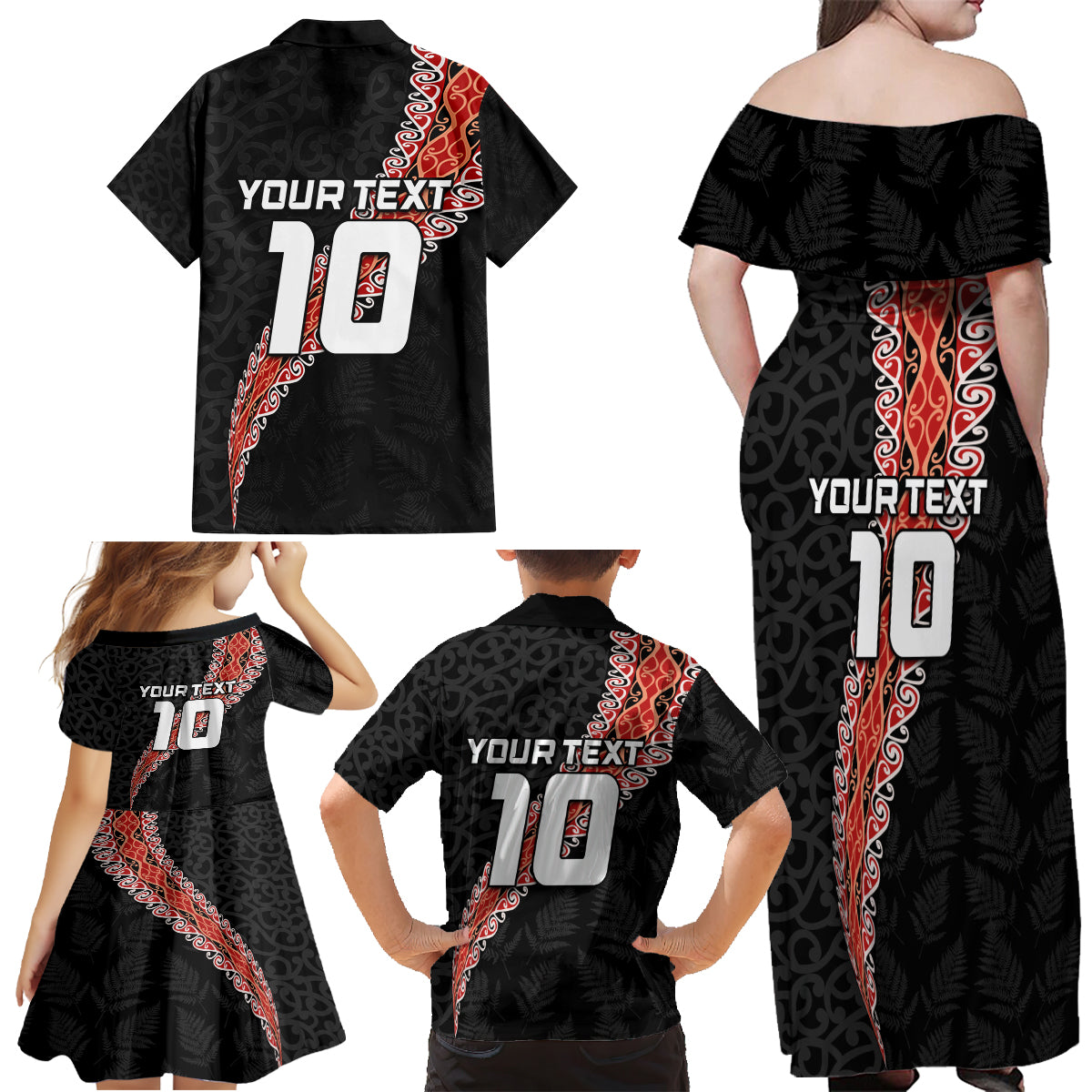 Custom New Zealand Rugby Family Matching Off Shoulder Maxi Dress and Hawaiian Shirt Maori and Silver Fern Half Style LT03 - Polynesian Pride