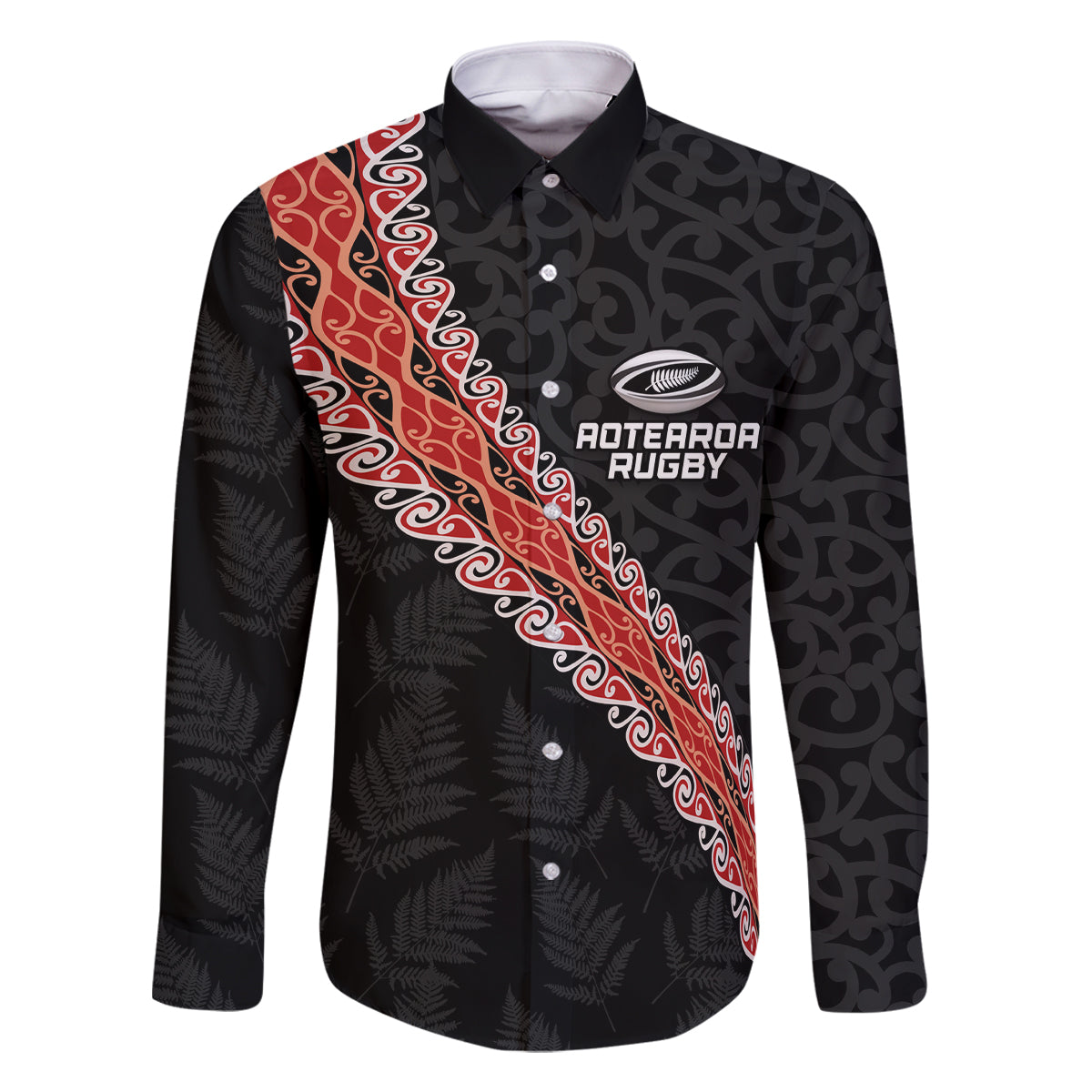 Custom New Zealand Rugby Family Matching Off Shoulder Maxi Dress and Hawaiian Shirt Maori and Silver Fern Half Style LT03 Dad's Shirt - Long Sleeve Black - Polynesian Pride