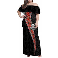 Custom New Zealand Rugby Family Matching Off Shoulder Maxi Dress and Hawaiian Shirt Maori and Silver Fern Half Style LT03 Mom's Dress Black - Polynesian Pride
