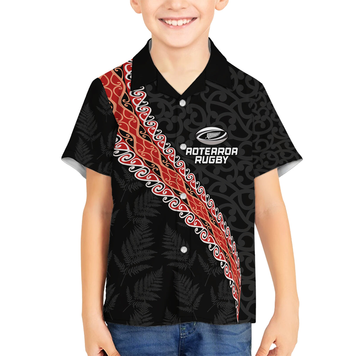 Custom New Zealand Rugby Family Matching Puletasi and Hawaiian Shirt Maori and Silver Fern Half Style LT03 Son's Shirt Black - Polynesian Pride