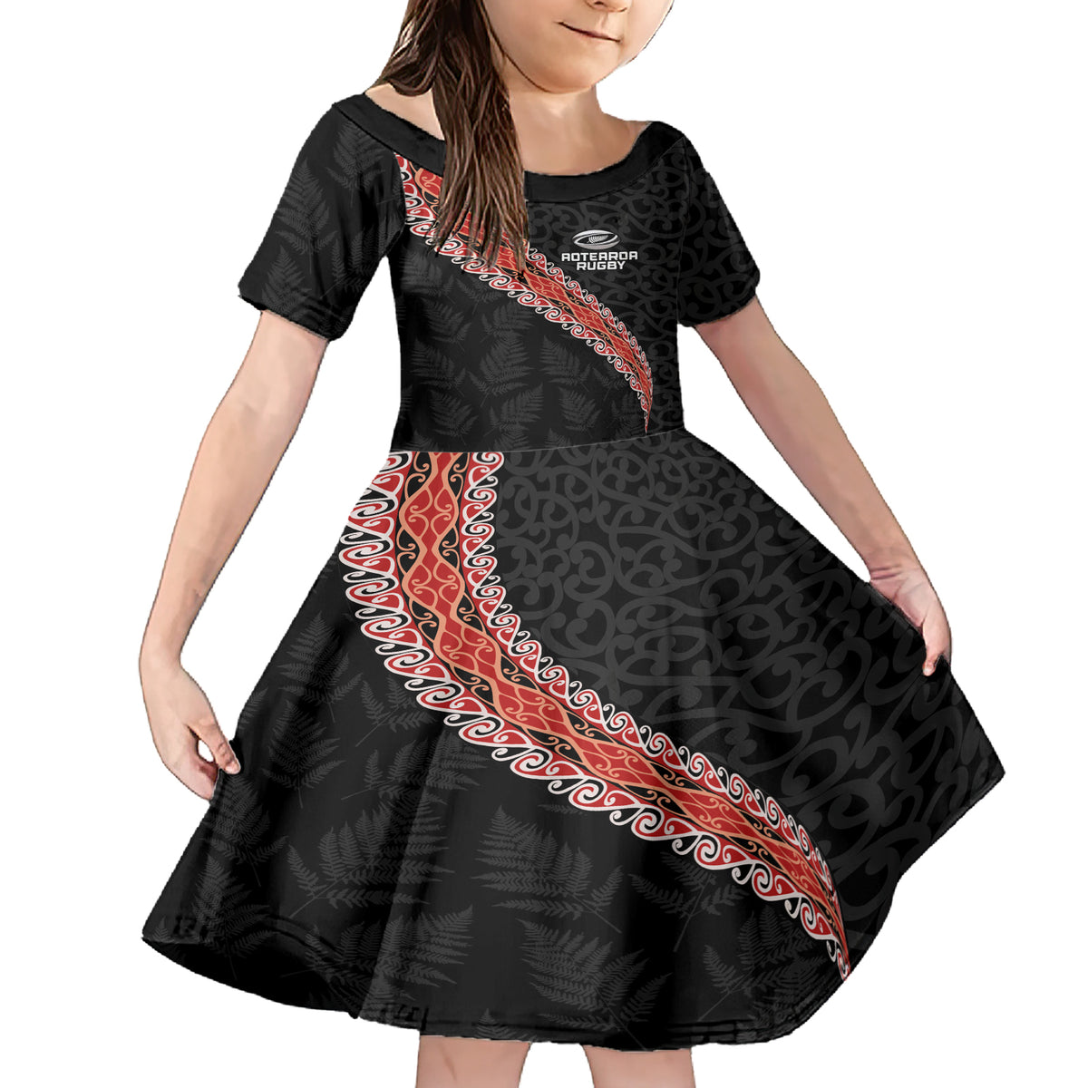 Custom New Zealand Rugby Family Matching Short Sleeve Bodycon Dress and Hawaiian Shirt Maori and Silver Fern Half Style LT03 Daughter's Dress Black - Polynesian Pride