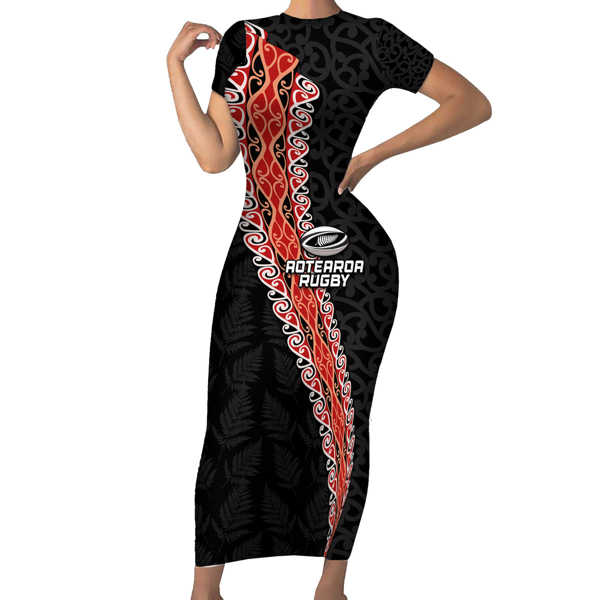 Custom New Zealand Rugby Family Matching Short Sleeve Bodycon Dress and Hawaiian Shirt Maori and Silver Fern Half Style LT03 Mom's Dress Black - Polynesian Pride