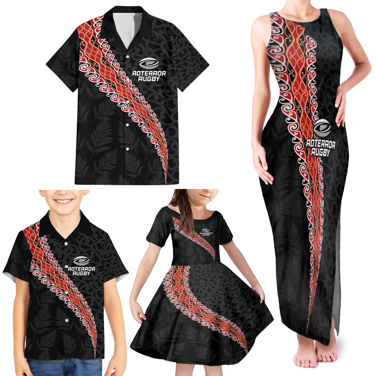 Custom New Zealand Rugby Family Matching Tank Maxi Dress and Hawaiian Shirt Maori and Silver Fern Half Style LT03 - Polynesian Pride