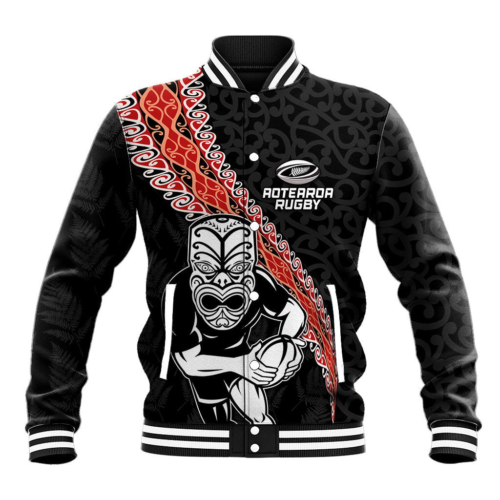 New Zealand Maori Warrior Rugby Baseball Jacket Maori and Silver Fern Half Style LT03 Unisex Black - Polynesian Pride