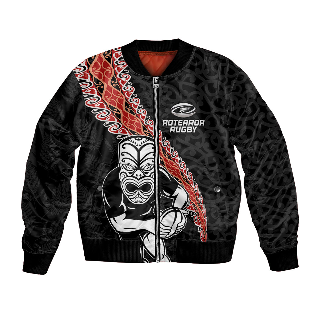 New Zealand Maori Warrior Rugby Bomber Jacket Maori and Silver Fern Half Style LT03 Unisex Black - Polynesian Pride