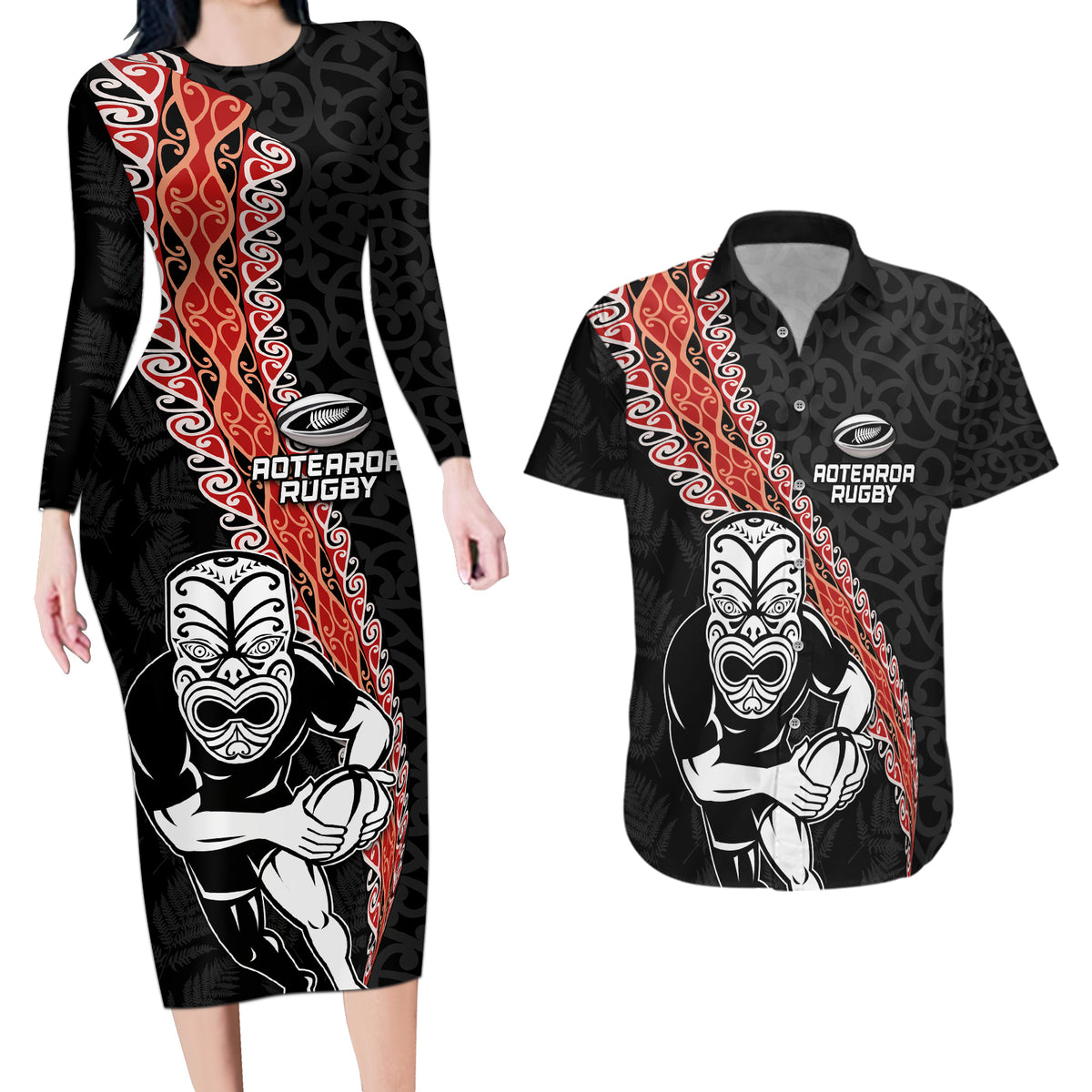 New Zealand Maori Warrior Rugby Couples Matching Long Sleeve Bodycon Dress and Hawaiian Shirt Maori and Silver Fern Half Style LT03 Black - Polynesian Pride