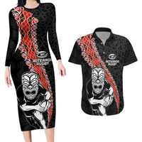 New Zealand Maori Warrior Rugby Couples Matching Long Sleeve Bodycon Dress and Hawaiian Shirt Maori and Silver Fern Half Style LT03 Black - Polynesian Pride