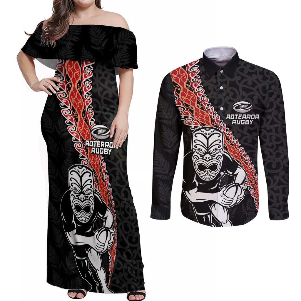 New Zealand Maori Warrior Rugby Couples Matching Off Shoulder Maxi Dress and Long Sleeve Button Shirt Maori and Silver Fern Half Style LT03 Black - Polynesian Pride