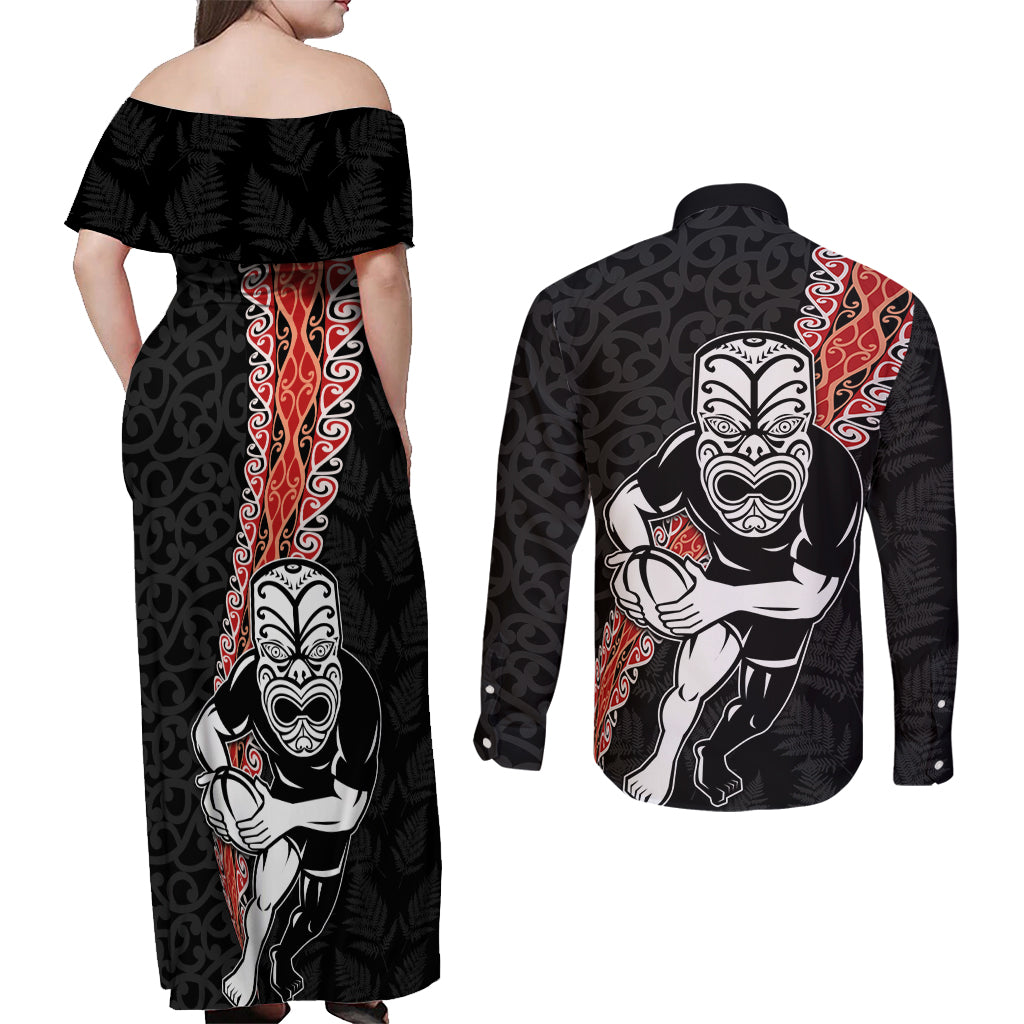New Zealand Maori Warrior Rugby Couples Matching Off Shoulder Maxi Dress and Long Sleeve Button Shirt Maori and Silver Fern Half Style LT03 - Polynesian Pride