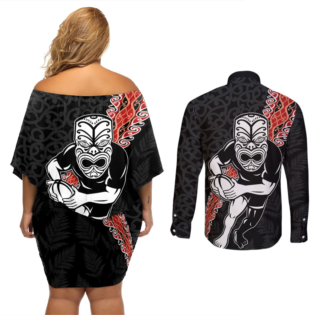 New Zealand Maori Warrior Rugby Couples Matching Off Shoulder Short Dress and Long Sleeve Button Shirt Maori and Silver Fern Half Style LT03 - Polynesian Pride