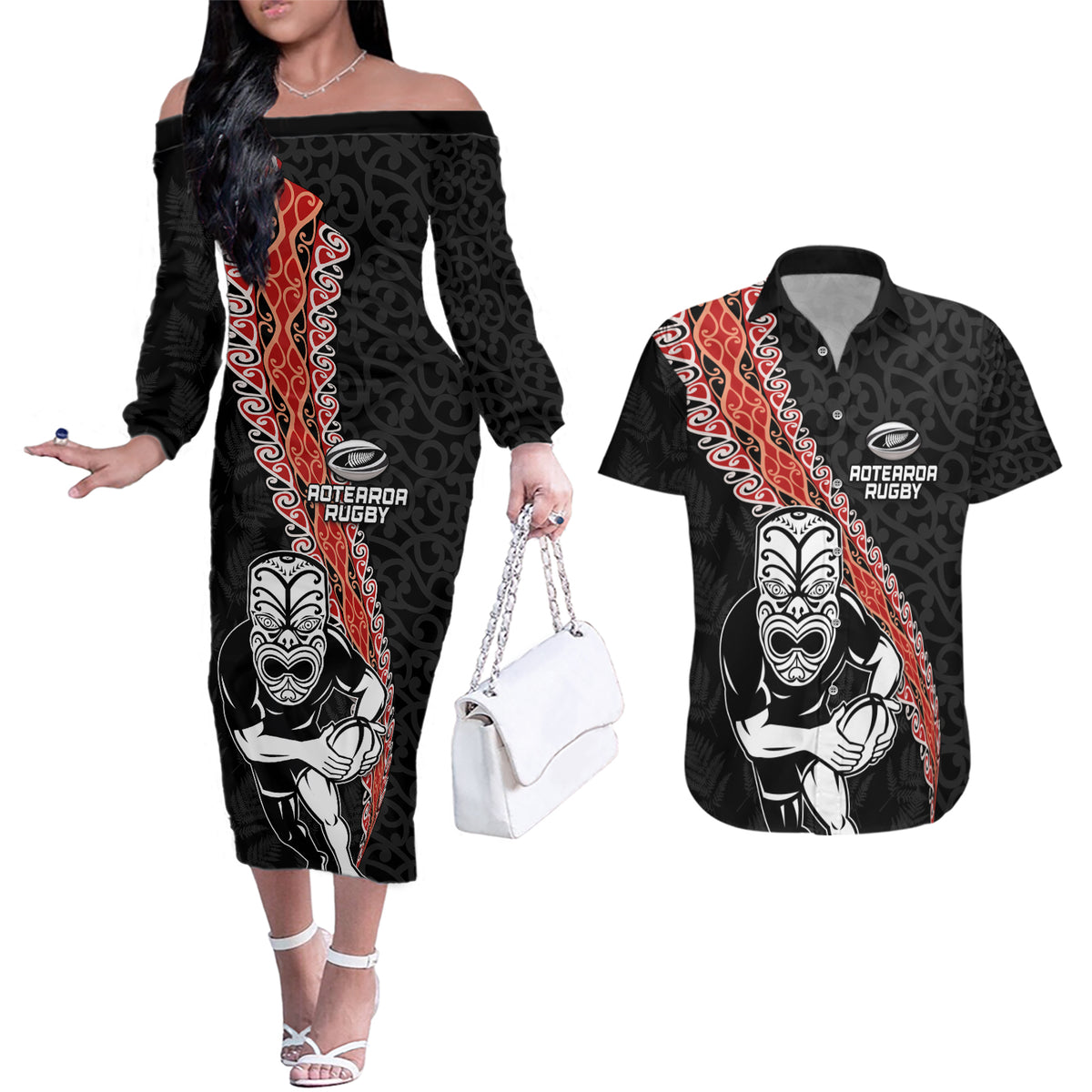 New Zealand Maori Warrior Rugby Couples Matching Off The Shoulder Long Sleeve Dress and Hawaiian Shirt Maori and Silver Fern Half Style LT03 Black - Polynesian Pride