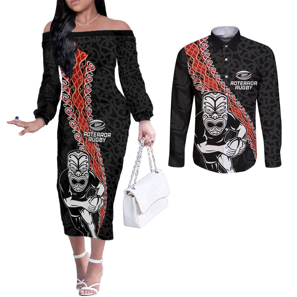 New Zealand Maori Warrior Rugby Couples Matching Off The Shoulder Long Sleeve Dress and Long Sleeve Button Shirt Maori and Silver Fern Half Style LT03 Black - Polynesian Pride