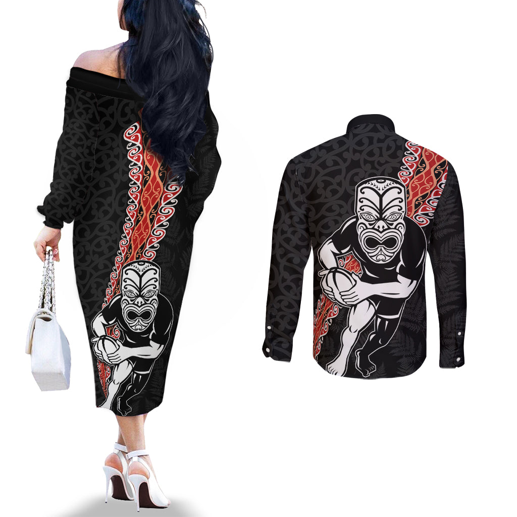 New Zealand Maori Warrior Rugby Couples Matching Off The Shoulder Long Sleeve Dress and Long Sleeve Button Shirt Maori and Silver Fern Half Style LT03 - Polynesian Pride