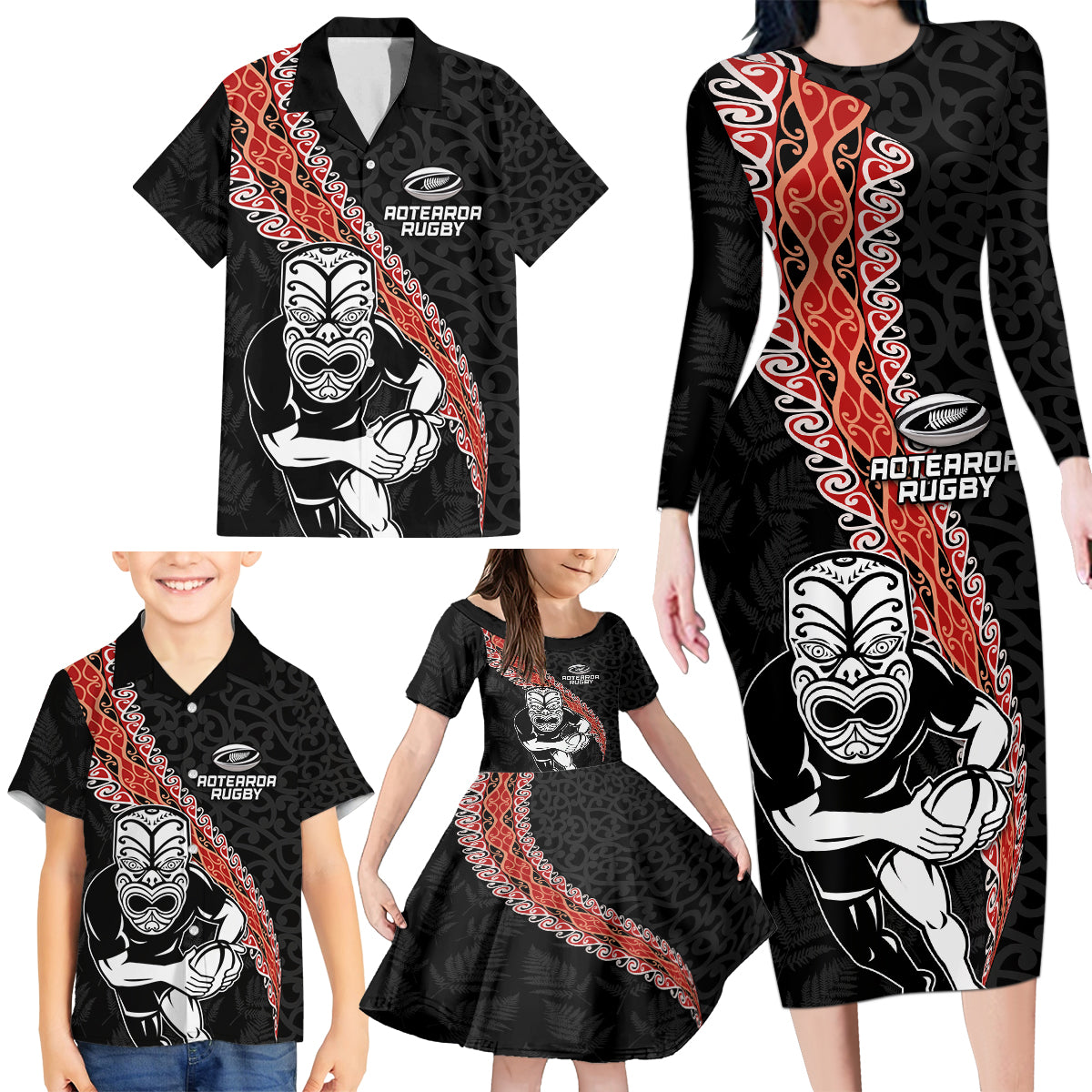 New Zealand Maori Warrior Rugby Family Matching Long Sleeve Bodycon Dress and Hawaiian Shirt Maori and Silver Fern Half Style LT03 - Polynesian Pride