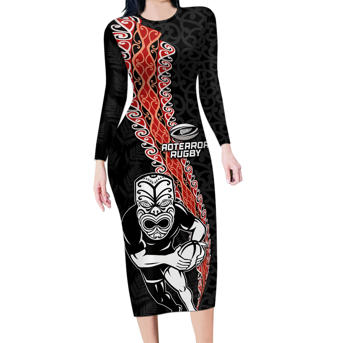 New Zealand Maori Warrior Rugby Family Matching Long Sleeve Bodycon Dress and Hawaiian Shirt Maori and Silver Fern Half Style LT03 Mom's Dress Black - Polynesian Pride