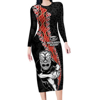 New Zealand Maori Warrior Rugby Family Matching Long Sleeve Bodycon Dress and Hawaiian Shirt Maori and Silver Fern Half Style LT03 Mom's Dress Black - Polynesian Pride