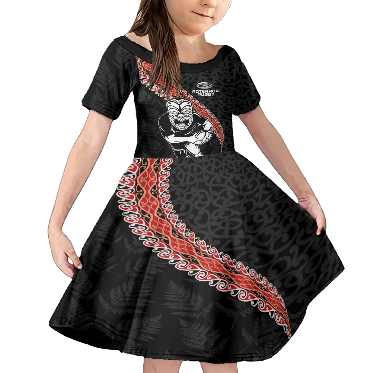 New Zealand Maori Warrior Rugby Family Matching Mermaid Dress and Hawaiian Shirt Maori and Silver Fern Half Style LT03 Daughter's Dress Black - Polynesian Pride