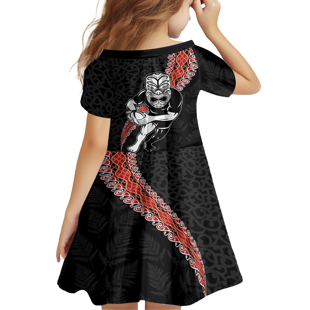 New Zealand Maori Warrior Rugby Family Matching Off The Shoulder Long Sleeve Dress and Hawaiian Shirt Maori and Silver Fern Half Style LT03 - Polynesian Pride