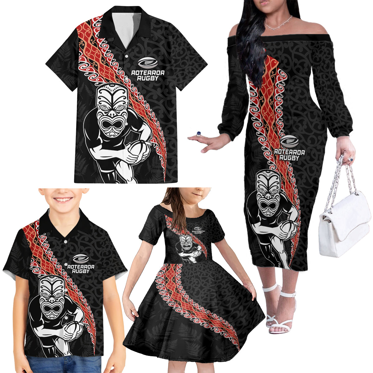 New Zealand Maori Warrior Rugby Family Matching Off The Shoulder Long Sleeve Dress and Hawaiian Shirt Maori and Silver Fern Half Style LT03 - Polynesian Pride