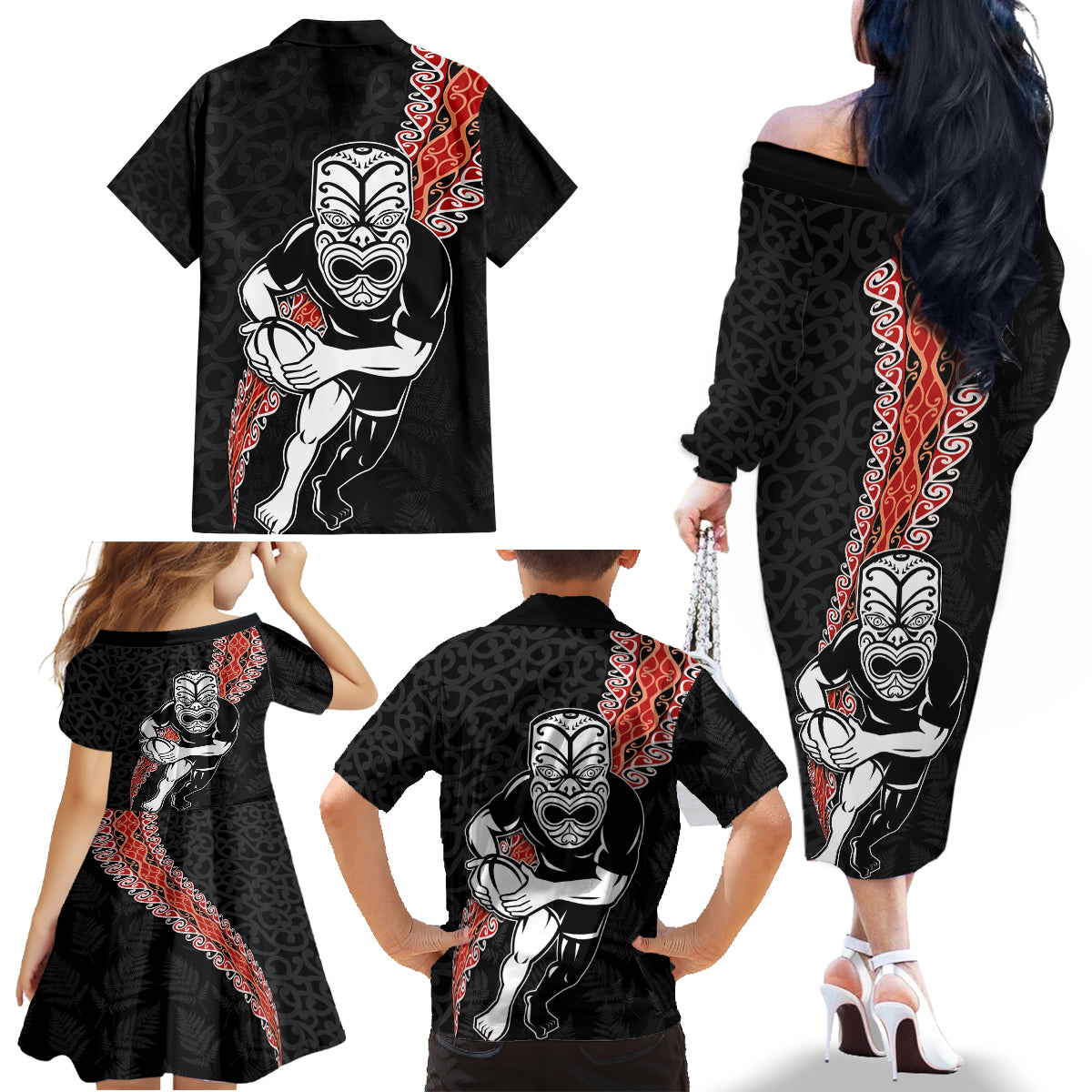New Zealand Maori Warrior Rugby Family Matching Off The Shoulder Long Sleeve Dress and Hawaiian Shirt Maori and Silver Fern Half Style LT03 - Polynesian Pride