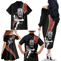 New Zealand Maori Warrior Rugby Family Matching Off The Shoulder Long Sleeve Dress and Hawaiian Shirt Maori and Silver Fern Half Style LT03 - Polynesian Pride