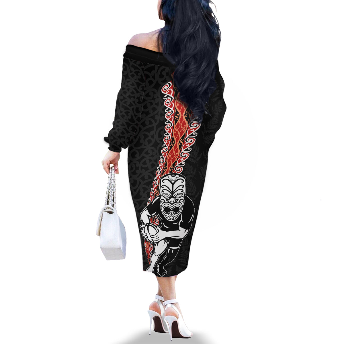 New Zealand Maori Warrior Rugby Family Matching Off The Shoulder Long Sleeve Dress and Hawaiian Shirt Maori and Silver Fern Half Style LT03 - Polynesian Pride