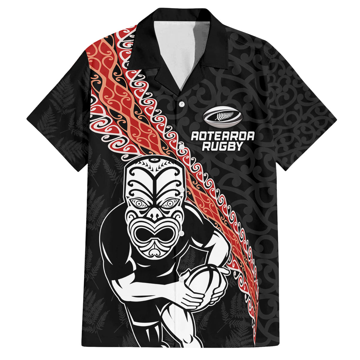 New Zealand Maori Warrior Rugby Family Matching Off Shoulder Short Dress and Hawaiian Shirt Maori and Silver Fern Half Style LT03 Dad's Shirt - Short Sleeve Black - Polynesian Pride