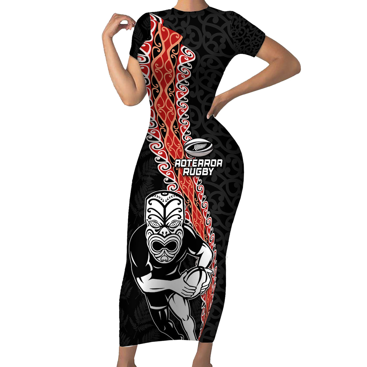 New Zealand Maori Warrior Rugby Family Matching Short Sleeve Bodycon Dress and Hawaiian Shirt Maori and Silver Fern Half Style LT03 Mom's Dress Black - Polynesian Pride