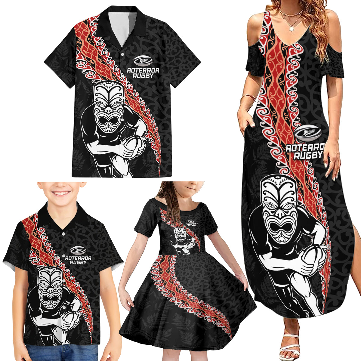 New Zealand Maori Warrior Rugby Family Matching Summer Maxi Dress and Hawaiian Shirt Maori and Silver Fern Half Style LT03 - Polynesian Pride